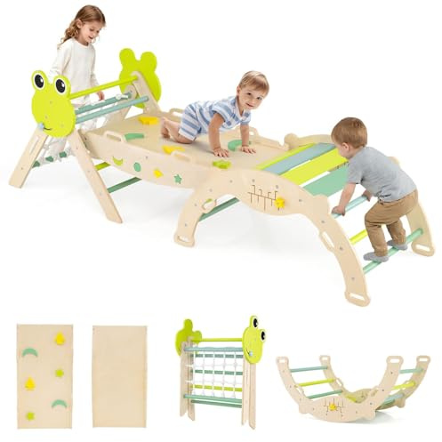 GOPLUS 8 en 1 Triangle Escalade Montesorri pour Enfants 1 Ans+, Parcours Montesorri Bebe Bois Pliable avec Arche, Rampe, Corde&Échelle, Pont, Aire de Jeux Intérieur (Grenouille|8 en 1,Fillet+Echelle)