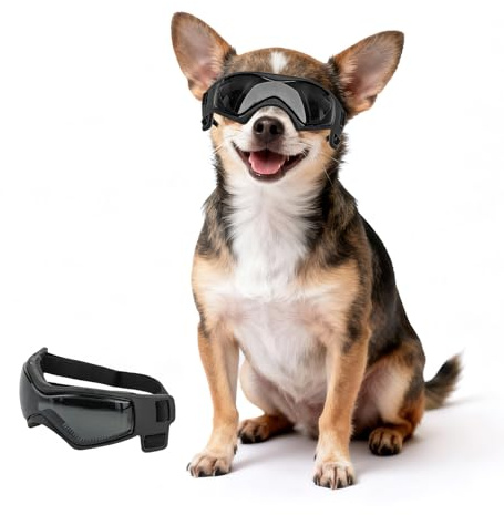 PETLESO Extra kleine Hundebrille, Anti-UV, winddicht, XS, Augenschutz, Chihuahua-Brille mit verstellbaren Trägern zum Autofahren/Outdoor-Aktivitäten - Schwarz, XS