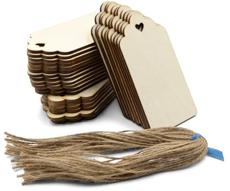 Summer-Ray Decorative Wooden Tags with Heart Cutout – 30pcs Laser-Cut Plywood Gift Tags with Jute Twine – 3mm Thick Craft Labels for Weddings, DIY & Events
