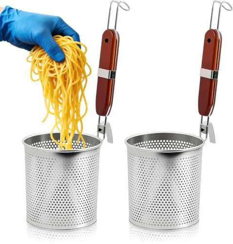 Dexpally 2 stycken pastakorg mikroperforerad ramen sil rostfritt stål, 14 cm + 12 cm pastasil för matlagning med trähandtag för nudlar grönsaker dumplings mat