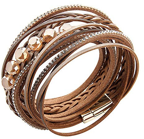 Cheerlife Damen Leder Wickelarmband mit Strass, künstliche Kristallperlen, Flechtelement, Mehrschichtig Magnetverschluss Armband Armschmuck (Khaki)