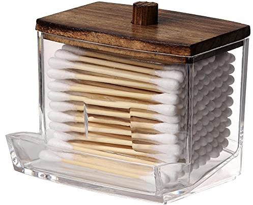 Tbestmax 7 OZ Cotton Swab Pads Holder, Qtip Cotton Buds Ball Dispenser, Bathroom Containers Apothecary Jar for Storage Brown Wood Lids 1 Pcs