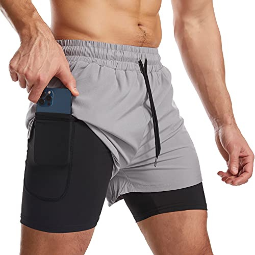 Danfiki Löparshorts för män, herrshorts för träning, med telefonficka, 2-i-1-gym-/träningsshorts, lätta, snabbtorkande, Ljusgrå, XL