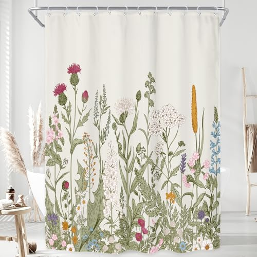 Riyidecor Lot de 12 Rideaux de Douche en Tissu à Motif Floral et Fleurs Sauvages pour décoration de Salle de Bain - Feuilles Vertes - Ensemble de Bain décoratif - Accessoires de Salle de Bain - en