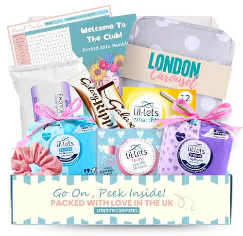 First Period Kit for Girls with Lil-Lets Pads, Tampons & Period Tracker | Teen period starter kit with Lil-Lets pads, tampons, liners, wipes, pouch, treats, booklet and tracker for confident care