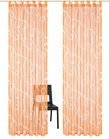Devola Voile Gardinen Transparente Fensterschal Moderne Fenstergardinen Küchengardine Wellen-Muster Schiebevorhänge Tür Vorhang BxH 140x145cm Schlaufen Orange 1 Stück