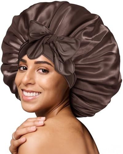 BONNET QUEEN Cuffia Seta Capelli Notte Regolabili Cuffia Capelli Ricci Bonnet con Lacci Lunghi Morbida e Protettiva Anti-Crespo, Cioccolato