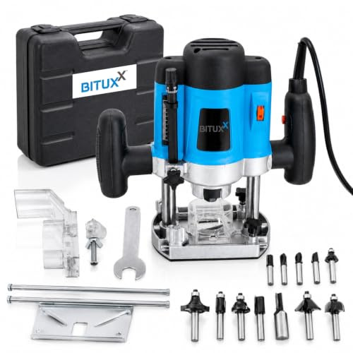 Bituxx 1200W Oberfräse Fräse Kantenfräse Holzfräse Parallelanschlag, Absaugadapter inklusive 12 tlg. Fräser Set