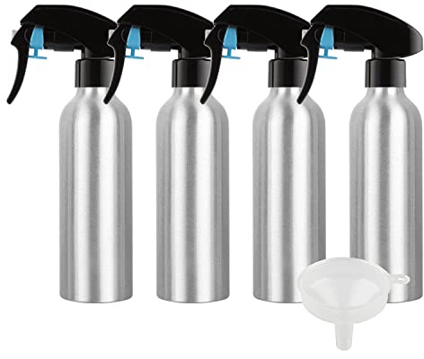 ZEOABSY 4 Piezas Pequeño 250ml Spray de Aluminio Plata Botella de Spray Vacía con Pulverizador Negro de Niebla Fina Atomizador para Limpieza, Cabello, Plantas, Flores, Peluqueria Cosmético, Viaje