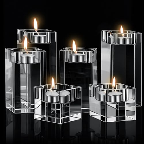 Perthlin 6 Pcs Crystal Tea Light Candle Holders Glass Votive Candle Stands Square Candlestick Holders for Wedding Dining Living Room Centerpiece Decorations, 1.57, 3.15, 3.94