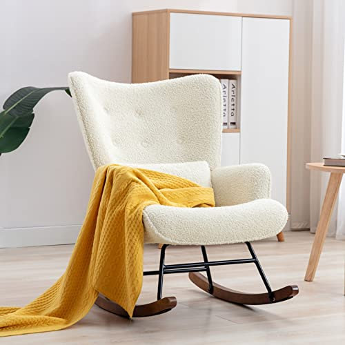 HomeMiYN Schaukelstuhl Wohnzimmer Teddy Sessel Boucle Stuhl beige Skandinavischer Schaukelsessel mit Lendenkissen und Holzbeinen moderner Polstersessel Lesesessel Relaxstuhl für Schlafzimmer Balkon