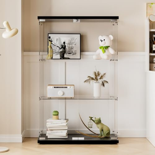 AUFHELLEN Glasvitrine Standvitrine in Schwarz, 125x79x36.5CM Modern Glas Vitrine Vitrinenschrank mit 3 Böden aus ESG für Sammlerstücke Bücher Wein