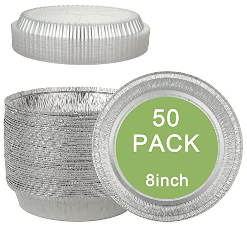 AKOLAFE 50PCS Tin Foil Trays With Lids, Large Round 8 Inch, 1000ML Aluminium Food Containers Disposable for Air Fryer, Oven, BBQ, Baking, Party
