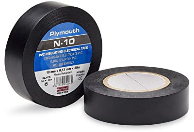 Cintas Dpm Plymouth N-10 + Cinta aislante de PVC Premium para interiores y exteriores, Ignífuga, Resistente a la Abrasión, a la Intemperie y a la Humedad, 19 mm x 20 m (Negro, 5 Rollos)