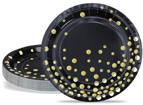 ZVK 24 Black Gold Party Paper Plates Set 7in Dessert Plates Disposable for Mother's Day, Christmas, New Year, Holiday Party