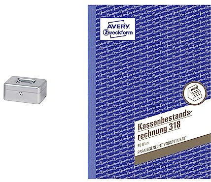 MAUL Geldkassette 2 aus Stahl | abschließbar | Münzgeld-Einsatz herausnehmbar | 20 x 17 x 9 cm | Silber & AVERY Zweckform 318 Kassenbestandsrechnung weiß, 1 Stück