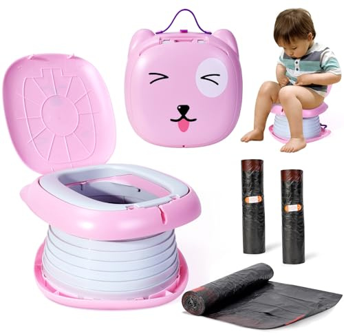 Orzbow Kinder Töpfchen Unterwegs,Tragbarer Töpfchen für Kleinkinder mit 45 Stück Töpfchenbeutel,Keine Installation Erforderlich, Einfach zu Verwenden und zu Lagern, inkl. Reisetasche (Rosa)