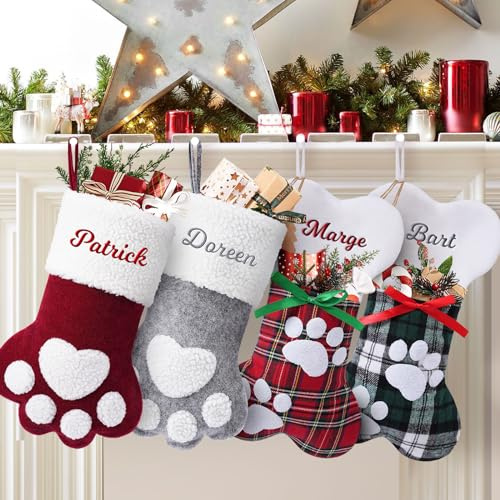 NIBESSER Weihnachtsstrumpf mit Namen Personalisierte Nikolausstrumpf Christmas Stockings Benutzerdefinierte Familienfreunde, Hundeknochen, Hundepfote