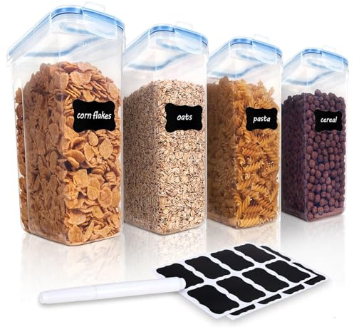 4 Pcs Cereal Storage Container 2.5 L Airtight Food Storage Containers with Lock Lids Plastic Transparent Kitchen Storage Box for Noodles Flour Cereal Rice Sugar Tea Coffee Beans