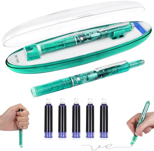 Pipihome Retractable Fountain Pen, Fountain Pen with Pressable and 0.38mm Nib, Transparent Barrel Includes 5 Smooth Blue Ink Cartridges & Space Capsule Shape