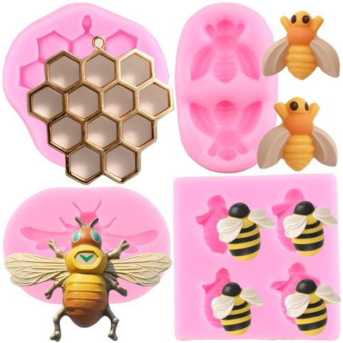 RFGHAC Lot de 4 moules en silicone en forme d'abeille pour fondant, ruche, chocolat, décoration de gâteaux, décoration de cupcakes, pâte à sucre, pâte à sucre, pâte polymère