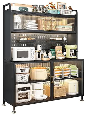 Kaffee-Barschrank, Bäckerregal, Mikrowellenständer, Mikrowellenwagen, Transparentes Klappschalter-Türdesign, Kreative DIY-Rückwandplatine, mit Rollen, für Küche, Esszimmer, Wohnzimmer (Color : Negro