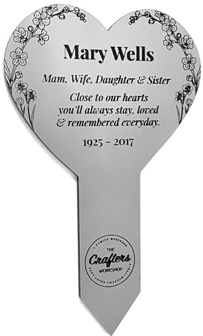 In Loving Memory Of Personalised Garden Stake Plaque - Forget-me-not flower design - Luxury Gold or Silver Finish (Heart Silver)
