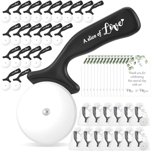 Jingmore 50 Set Wedding Party Favor for Guests Include a Slice of Love Stainless Steel Pizza Cutter Thank You Cards and Organza Gift Bags Pizza Cutter Wheels for Bridal Shower Return Gifts