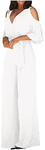 Ladies Cold Shoulder Jumpsuit Elegant Sexy V Neck Romper Ruffle Sleeve Wide Leg Dungarees High Waist Summer Overalls Party Wedding Work Playsuit