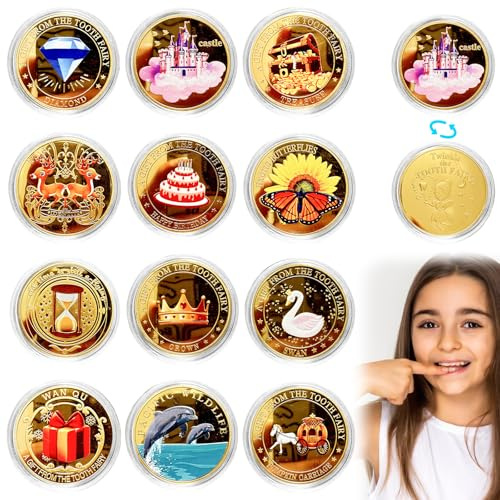 12 stycken tandfasmynt, guldtandad mynt, tandfe-mynt med olika mönster, tandfegåvor flickor pojkar, tandad guldtalare barn för förlorade tänder barn gåvor souvenir