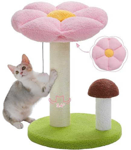 PETEPELA Poste rascador de flores para gatos, rascador de hongos lindo con poste rascador grueso [diámetro = 3.5 pulgadas] y cama extraíble para gatos, poste alto para gatos y gatos pequeños de