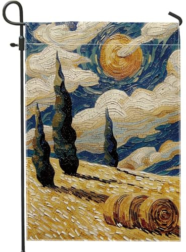 Drapeau de jardin ciel étoilé, soleil bleu et cyprès, décoration saisonnière, drapeau de jardin, drapeau de jardin en toile double face pour fête de vacances, décoration de pelouse en plein air, 30,5