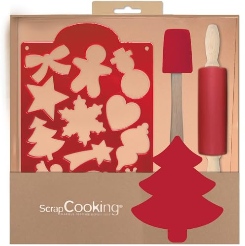 ScrapCooking - Set de Utensilios Galletas de Navidad para Niños - Con Espátula, Rodillo y 1 Cortador con 12 Formas - Set de Regalo con Moldes y Cortapastas - Madera y Silicona para Repostería - 1142