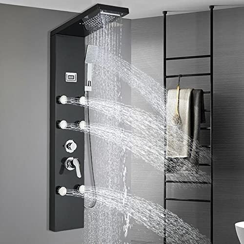 Panneau de Douche à LED avec Effet Pluie et Cascade, pommeau de Douche avec Jets de Massage, système corporel, Noir de Jais A