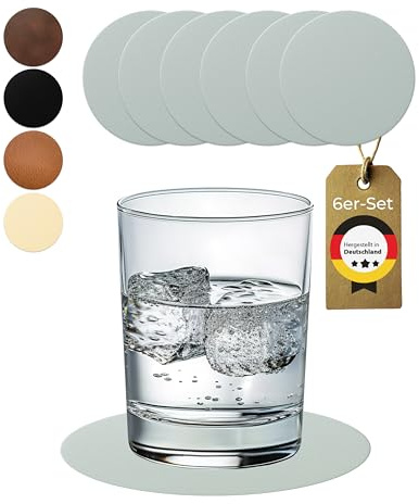 Lederfabrik Garnier® Untersetzer Gläser rund 6er-Set - rutschfest & Abwaschbar - Perfekter Tischschutz - Glasuntersetzer Leder Grau - Made in DE