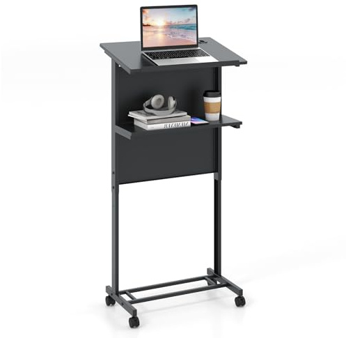 CASART Mobile Lectern Podium, Height-Adjustable Presentation Stand with Tilted Desktop & Storage Tray, Rolling Laptop Cart Standing Workstation for Classroom Office (Black, 60 x 40 x 122.5cm)