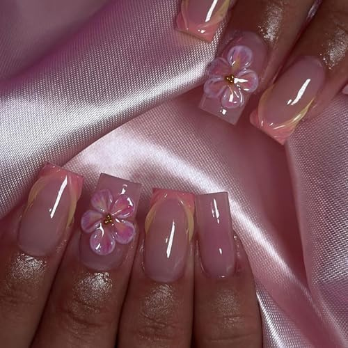 Ceboic 24 Stück Nägel zum Aufkleben Mittel Eckig, French Rosa Press on Nails 3D Blumen Falsche Nägel mit Design, Frühling Ballerina Fingernägel zum Aufkleben Full Cover Kunstnägel für Frauen Mädchen