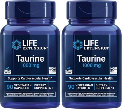 Life Extension Taurine, Pure Taurine Amino Acid Supplement, Heart, Liver and Brain Health, Longevity, Muscle and Exercise, 1000 mg dose, Non-GMO, Gluten-Free, Vegetarian, 90 Capsules (Pack of 2)