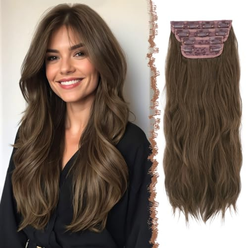 FESHFEN Extensiones de Cabello para Mujer - 4 Piezas 50 cm Largo Ondulado Rizado Natural Sintética Extensiones de Clip de Pelo, Marrón Castaño