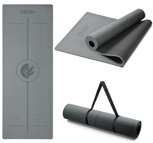 Yoga Matte Rutschfest Dick, Naturkautschuk + Eco TPE/PU, Ausrichtungslinien | Hautfreundliche, Ultra Grip, Einzigartiges Design, inklusive Tragegurt, für Yoga, Pilates, Fitness, Home Workout