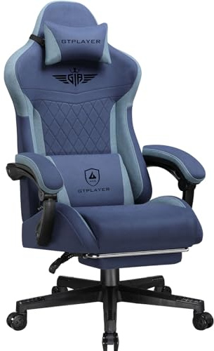 GTPLAYER Gaming Stuhl, Ergonomischer Gamer Stuhl aus Stoff mit Lendenwirbelstütze, PC-Stuhl mit verbreiterter Rückenlehne, Belastbar bis 150 kg, Dunkelblau