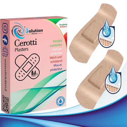 Cerotto ad azione cicatrizzante con Acido Ialuronico Confezione da 20 pz dimensioni 7 x 2 cm. Cerotto per medicazione traspirante, resistente all’acqua Mae in Italy.