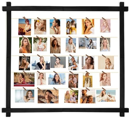 FURAOMEILI Bilderrahmen-Collage,Fotodisplay-Tafel mit Clips,Hängende Wanddekoration für Fotos,Briefe,Postkarten,Glückwunschkarten,Organizer-Halter,Metall-Perlenschnur,Kiefer,Groß(Schwarz)