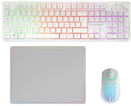 Mars Gaming MCPWX, Français, Combo Gaming sans Fil, Technologie DualPro Link 2.4GPRO, Clavier Complet FRGB avec Contrôle Multimédia + Souris RGB 3200DPI + Tapis Antidérapant 360x260mm, Blanc