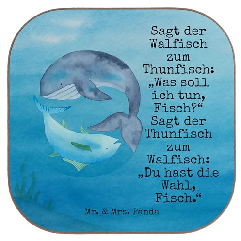 Mr. & Mrs. Panda Untersetzer für Gläser Walfisch Thunfisch Design - Geschenk, unterleger, Coaster, Wahl, Witz, Spruch des Tages, Holzuntersetzer, Tunfisch, Tassen, Wal, Lustig, Lustige Sprüche