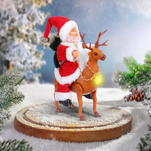 Elektrisches Weihnachtsmann- und Rentierschlitten Spielzeug, Weihnachtsmann Puppe auf Rentier, Weihnachtsdekoration mit Musik und Lichtern, Weihnachtsfiguren aus Plüsch, lustiges Geschenk für Kinder