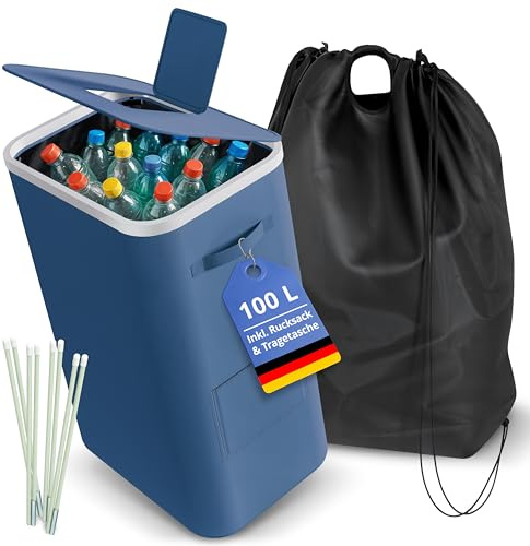 SAMMLEX Pfandflaschen Sammelbehälter mit Deckel Faltbarer Pfandflaschenbehälter 100 L Volumen Leergutbehälter 42×34×75cm Herausnehmbarer Innensack Wasserabweisende Oberfläche Robuster Rahmen Blau