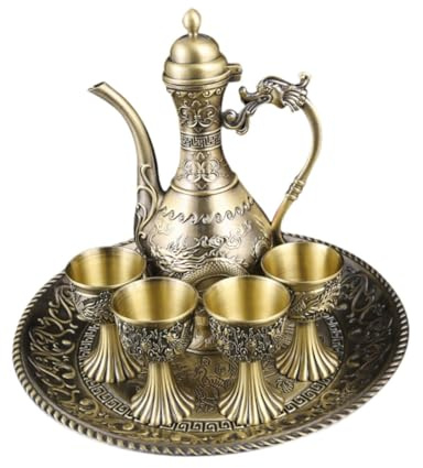 Flagon - Juego de tetera con bandeja y tazas, metal estilo bronce ruso, decoración para mesa de comedor, sala de estar, 8 x 8 x 22 cm, bronce con bandeja para tazas