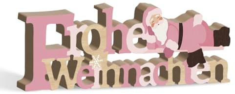 Putuo Decor Weihnachtsdeko Dekofigur, Frohe Weihnachten mit liegendem Weihnachtsmann in Rosa, Holzdeko Weihnachten für Schreibtisch, Fensterbank, Schrank, Esstisch, Wohnaccessoires