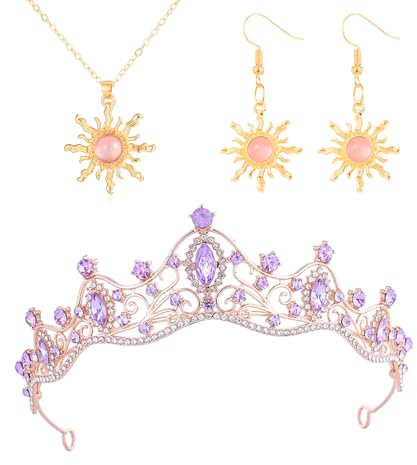 PEZPEOR Prinzessin Kostüm Accessoires Set, Kristall Tiara Violett, Kristall Gold Sonne Halskette Damen Prinzessin Anhänger Schmuck für Cosplay Halloween Karneval Fasching